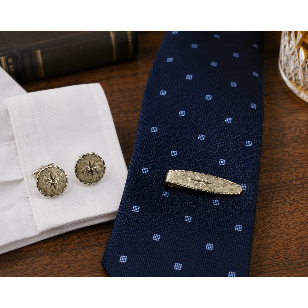 Vintage Swank Cufflinks Tie Clip Set Gold Tone Starburst Basketweave MCM Men
